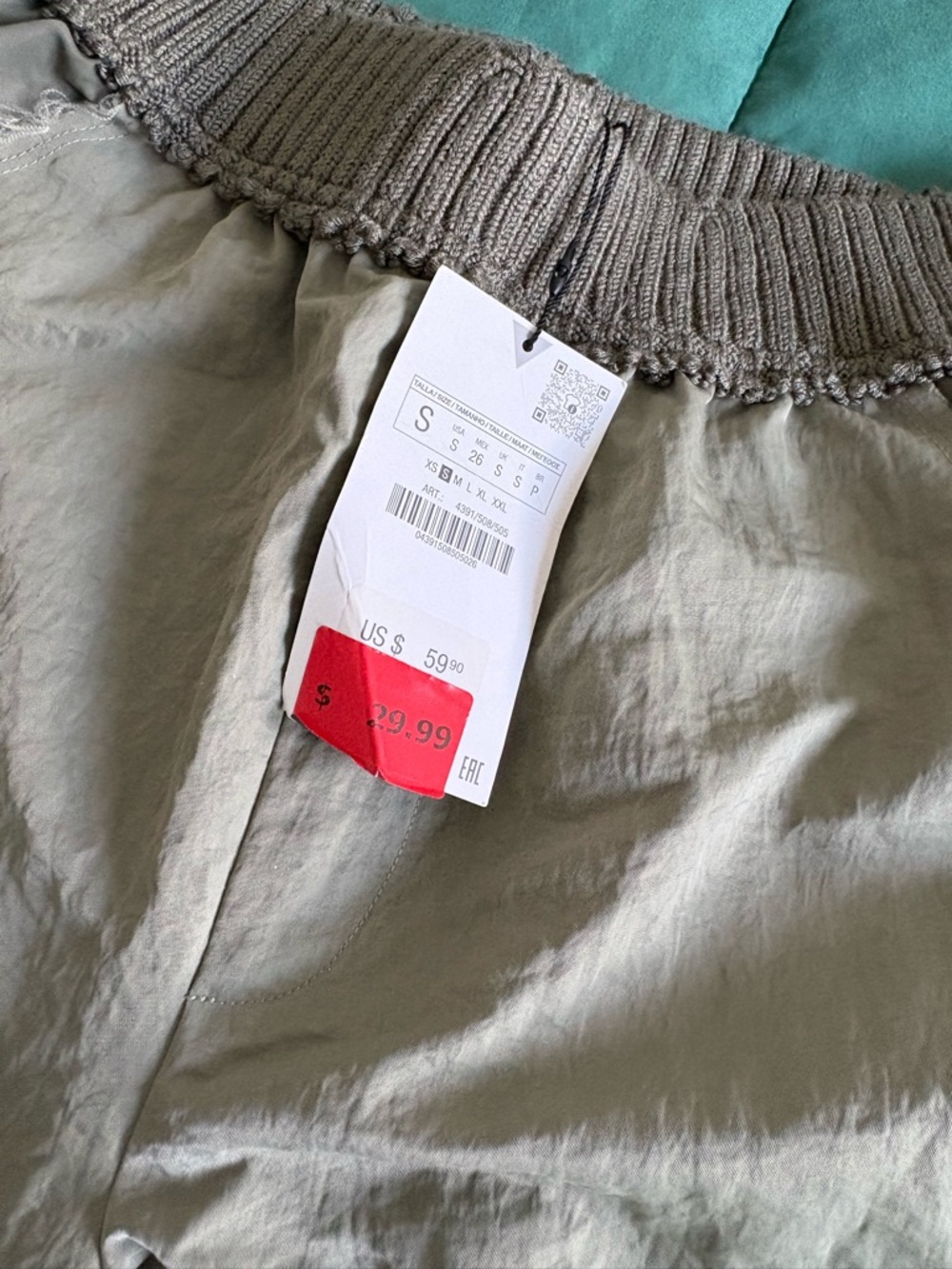 Zara Olive Drawstring Waist Pants with Ribbed Waistband